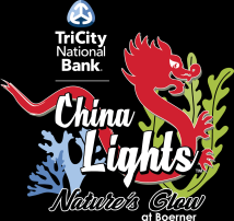 China Lights Logo with Red Dragon and Cheshire Cat themed as Adventure in Lantern Wonderland